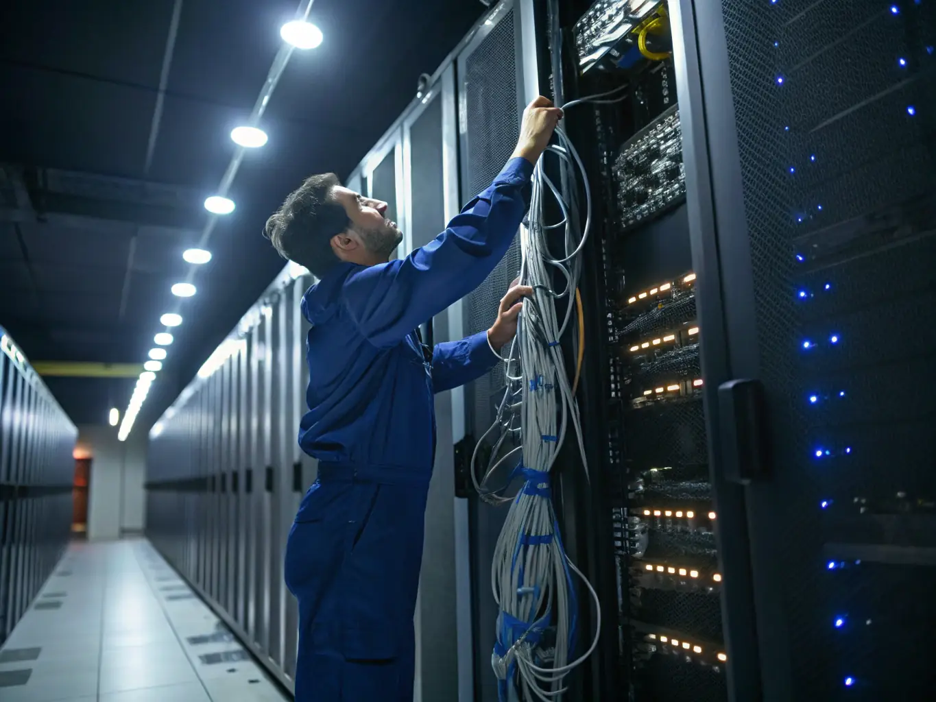 An image showing a technician working on a server rack, highlighting the expertise and maintenance involved in data storage solutions.